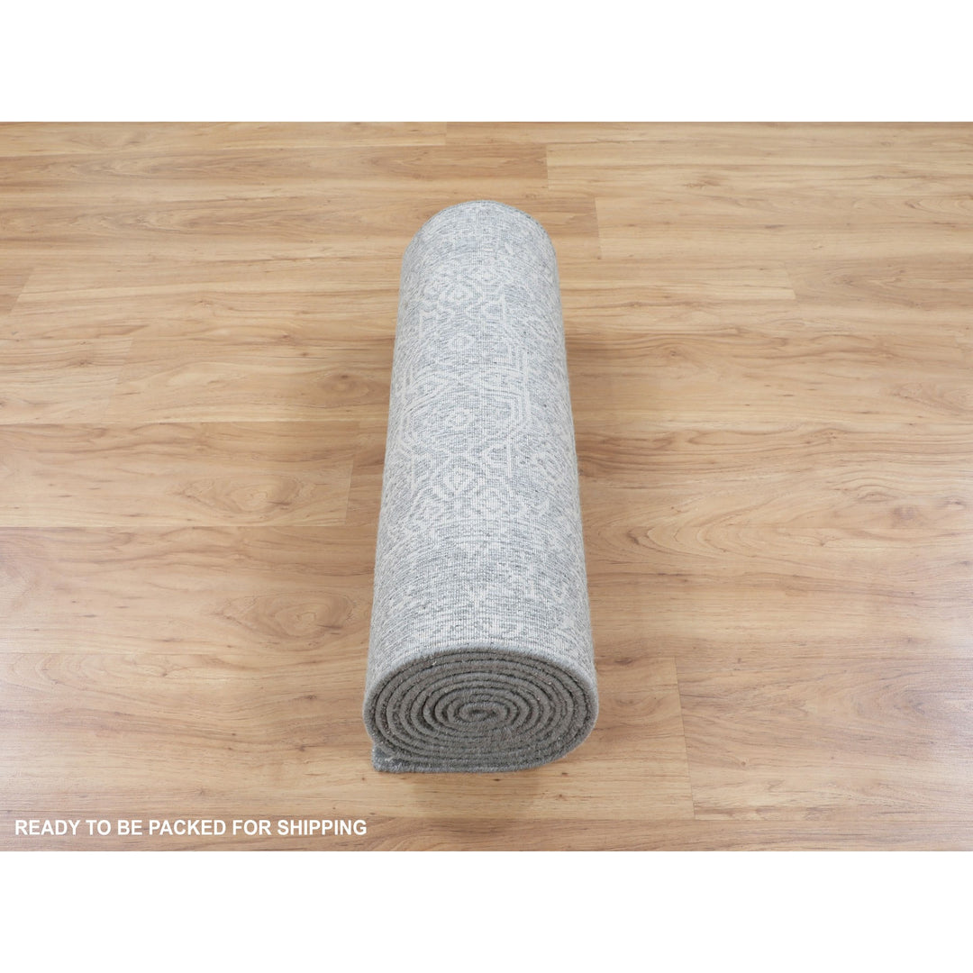 2'5" x 12'2" New Hand Loomed Grey Wool & Silk Runner Oriental Rug - MOA10258001