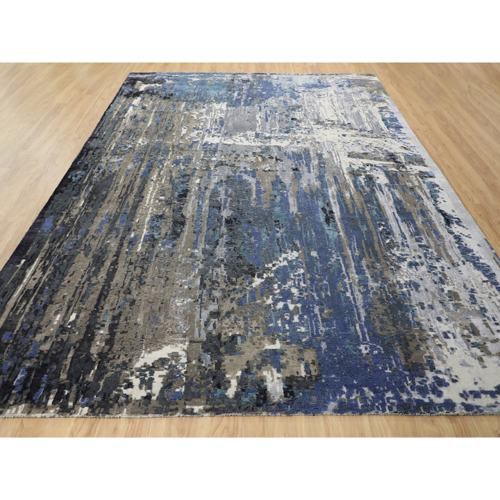 9'9" x 13'9" New Hand Knotted Blue Wool & Silk Rectangle Oriental Rug - MOA10258014