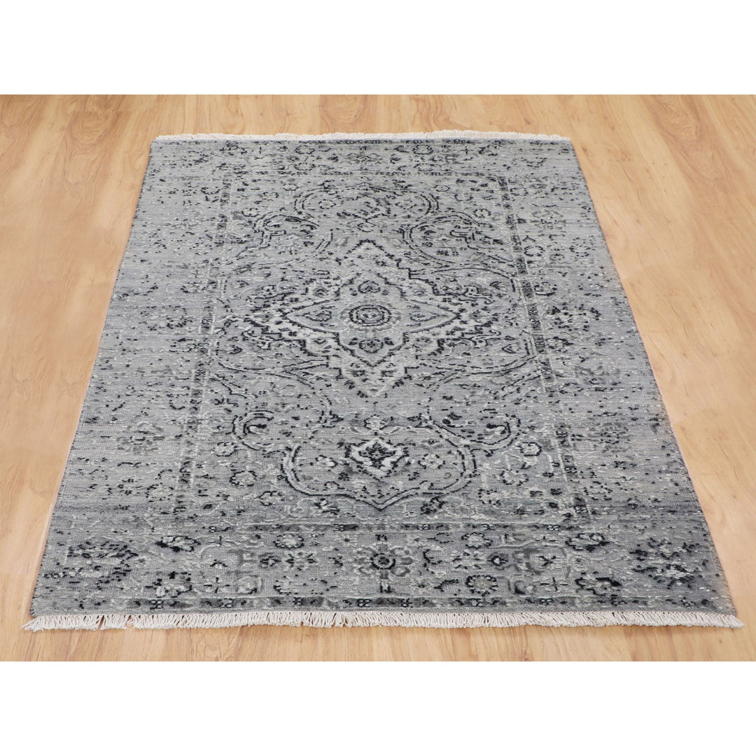 3'1" x 5'1" New Hand Knotted Grey Wool & Silk Rectangle Oriental Rug - MOA10258104
