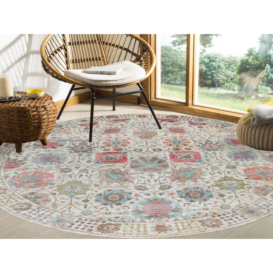 10'0" x 10'0" New Hand Knotted Ivory Wool & Silk Round Oriental Rug - MOA10258174