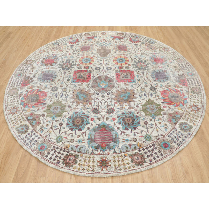 10'0" x 10'0" New Hand Knotted Ivory Wool & Silk Round Oriental Rug - MOA10258174