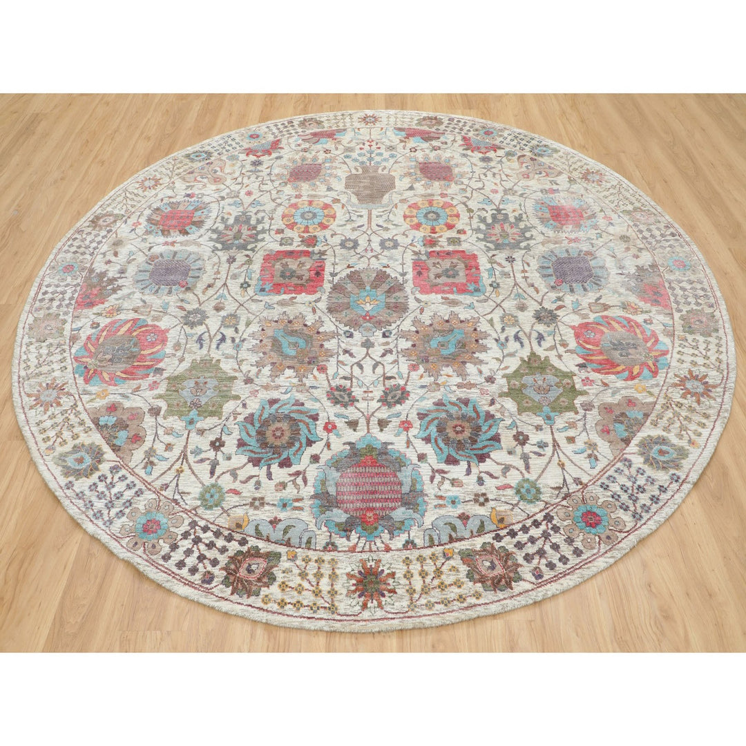 10'0" x 10'0" New Hand Knotted Ivory Wool & Silk Round Oriental Rug - MOA10258174