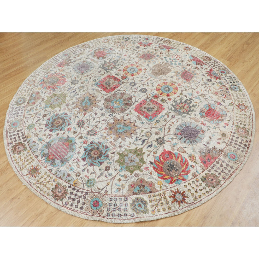 10'0" x 10'0" New Hand Knotted Ivory Wool & Silk Round Oriental Rug - MOA10258174