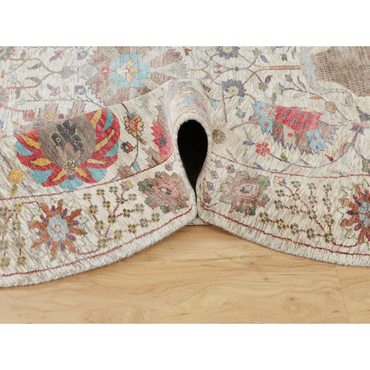 10'0" x 10'0" New Hand Knotted Ivory Wool & Silk Round Oriental Rug - MOA10258174