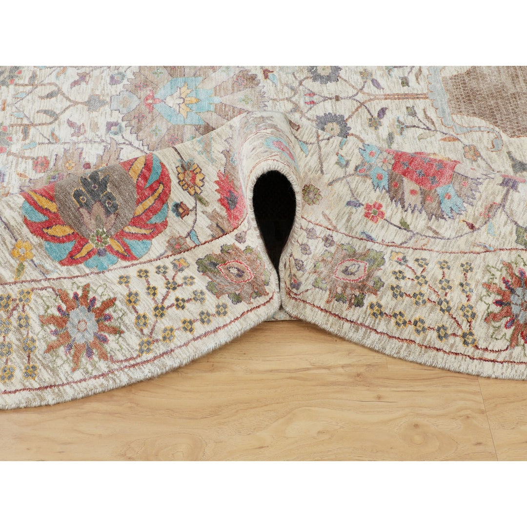 10'0" x 10'0" New Hand Knotted Ivory Wool & Silk Round Oriental Rug - MOA10258174