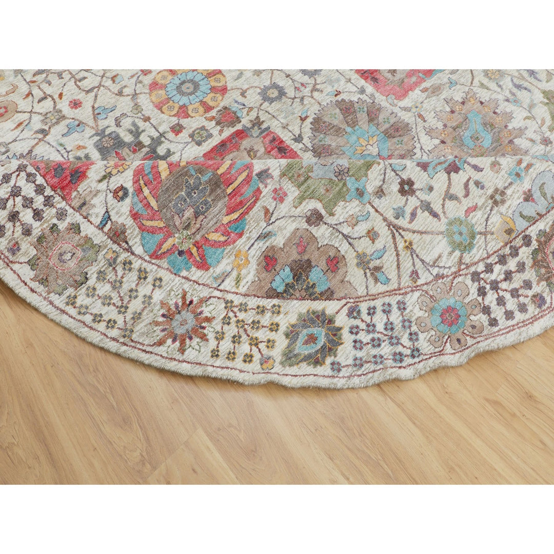 10'0" x 10'0" New Hand Knotted Ivory Wool & Silk Round Oriental Rug - MOA10258174