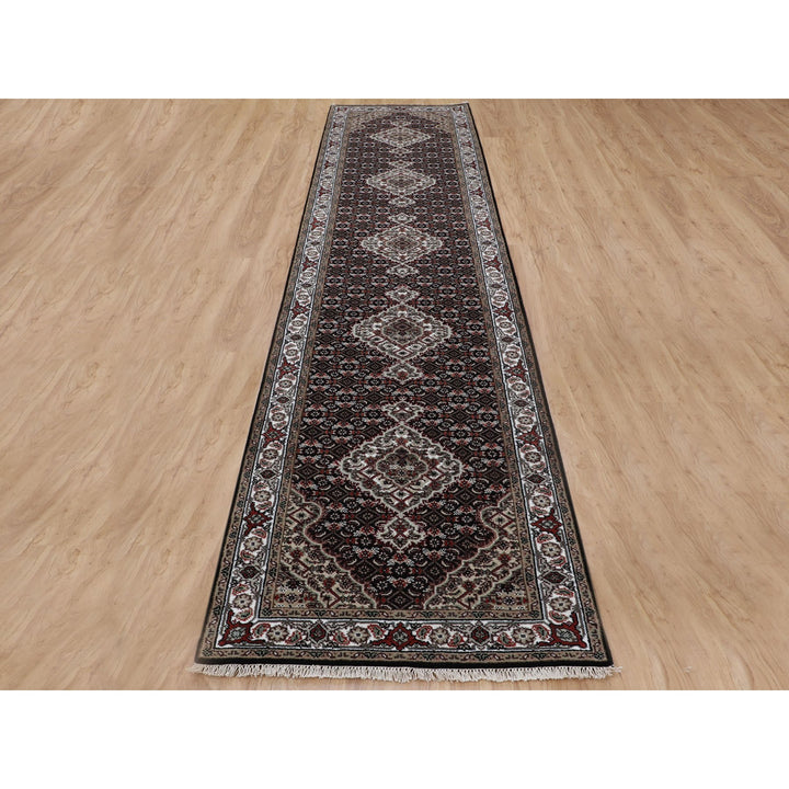 2'9" x 12'1" New Hand Knotted Black Wool Runner Oriental Rug - MOA10258302