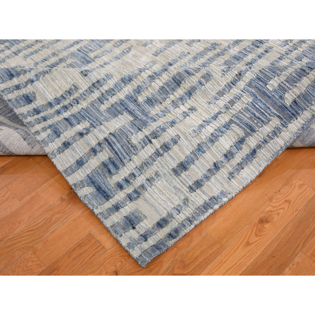 9'0" x 12'0" New Hand Knotted Beige Wool & Pure Silk Rectangle Oriental Rug - MOA10259003