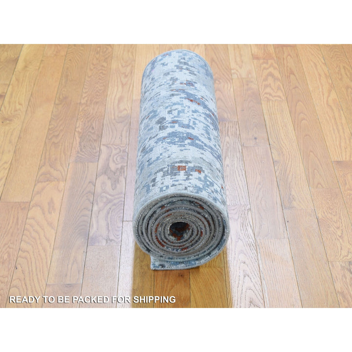 2'5" x 12'0" New Hand Knotted Grey Wool & Silk Runner Oriental Rug - MOA10259043