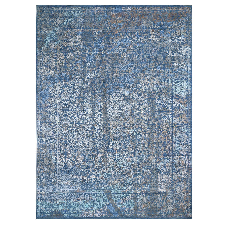 9'0" x 12'0" New Hand Knotted Blue Wool & Silk Rectangle Oriental Rug - MOA10259057