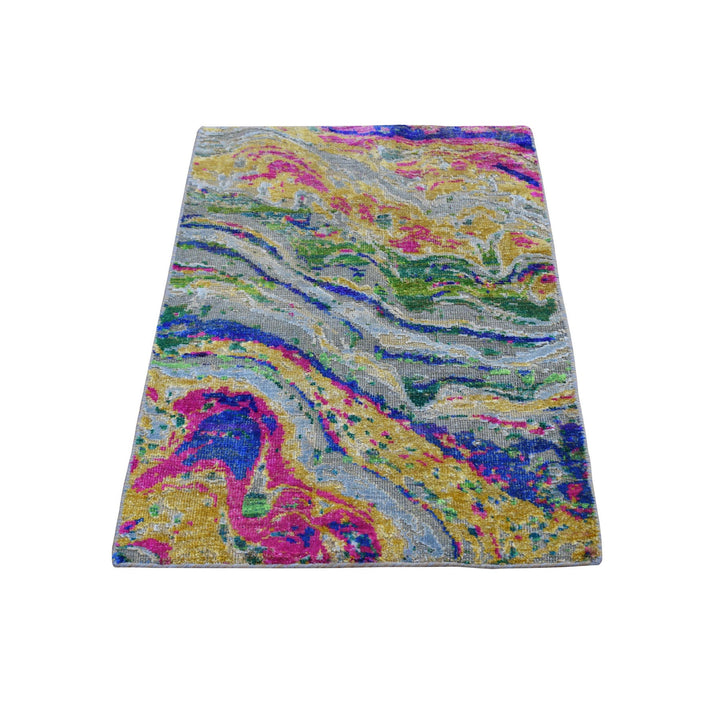 2'0" x 3'0" New Hand Knotted Grey Wool & Silk Rectangle Oriental Rug - MOA10259126