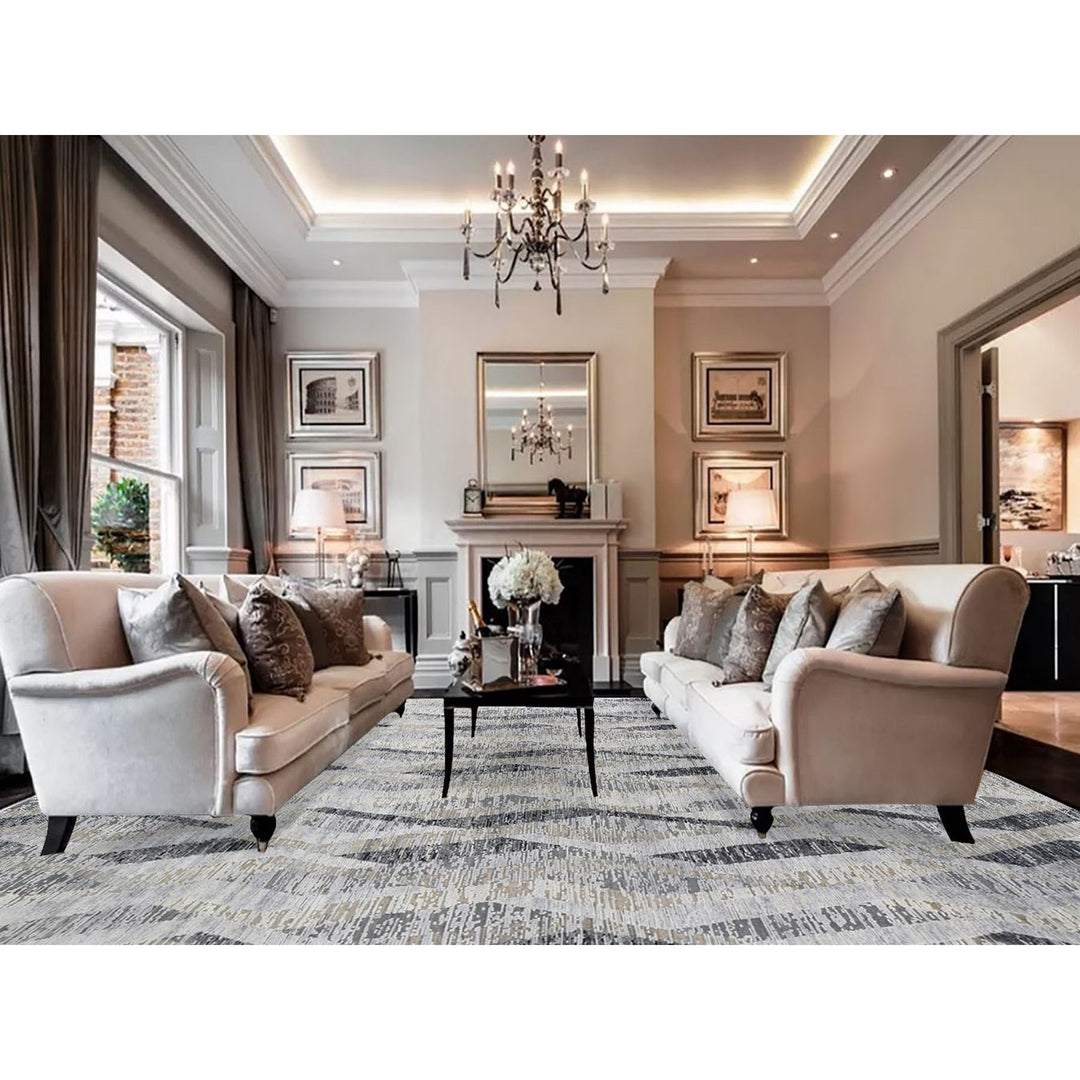 9'0" x 12'0" New Hand Knotted Grey Wool & Silk Rectangle Oriental Rug - MOA10259144