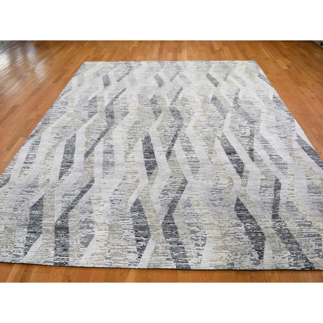 9'0" x 12'0" New Hand Knotted Grey Wool & Silk Rectangle Oriental Rug - MOA10259144