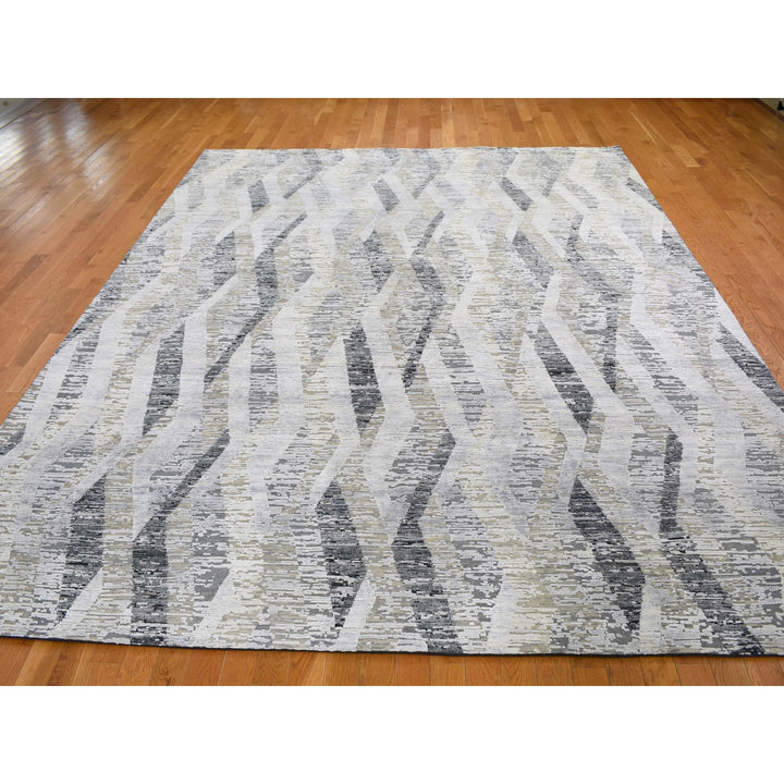 9'0" x 12'0" New Hand Knotted Grey Wool & Silk Rectangle Oriental Rug - MOA10259144