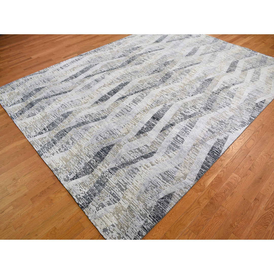 9'0" x 12'0" New Hand Knotted Grey Wool & Silk Rectangle Oriental Rug - MOA10259144