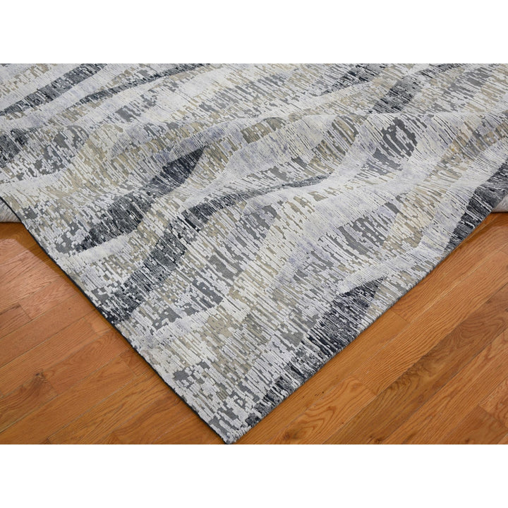 9'0" x 12'0" New Hand Knotted Grey Wool & Silk Rectangle Oriental Rug - MOA10259144