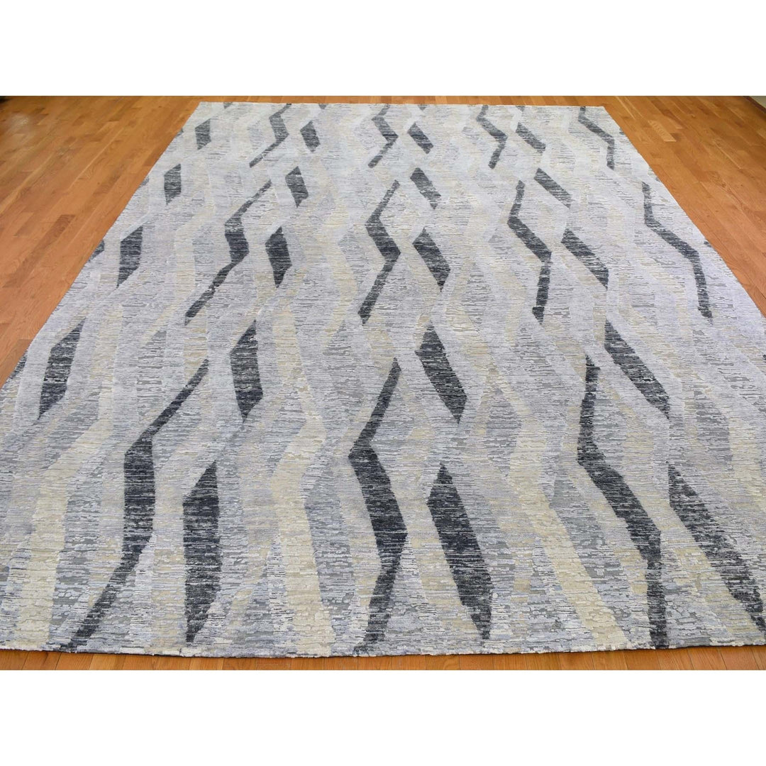 10'0" x 14'0" New Hand Knotted Grey Wool & Silk Rectangle Oriental Rug - MOA10259153