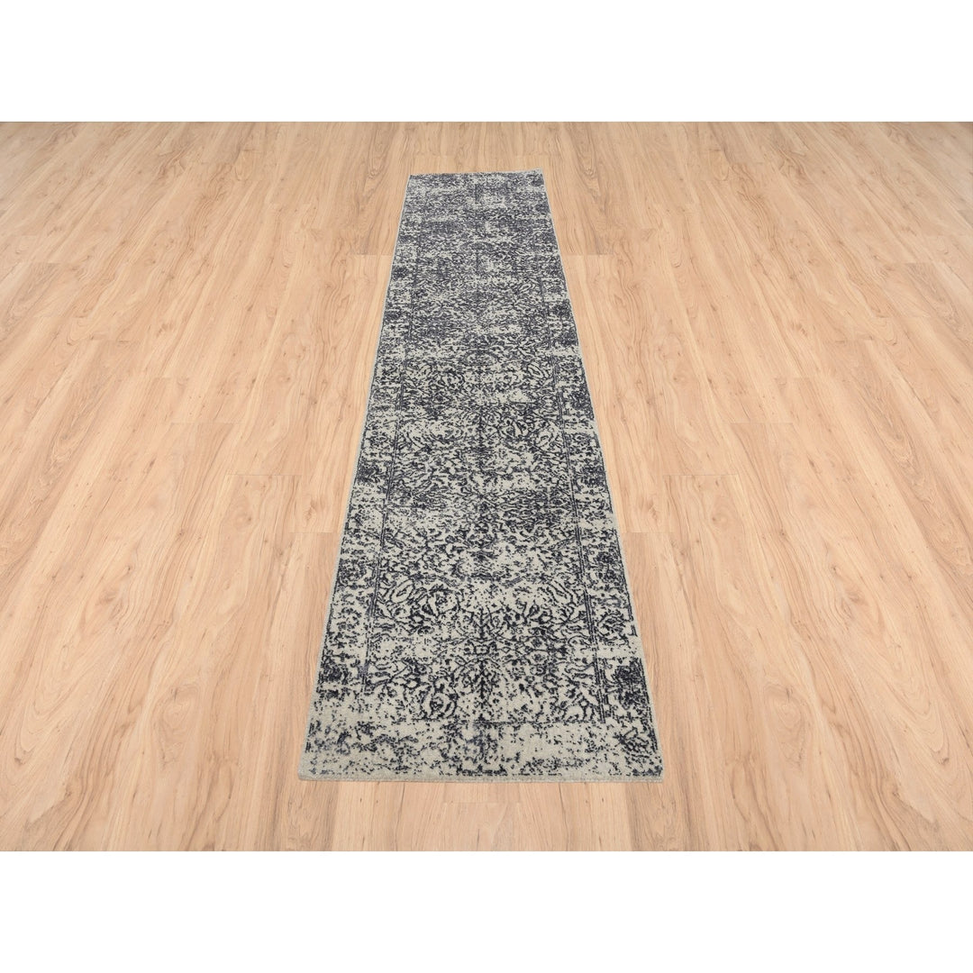 2'7" x 12'2" New Hand Loomed Grey Wool & Art Silk Runner Oriental Rug - MOA10263277