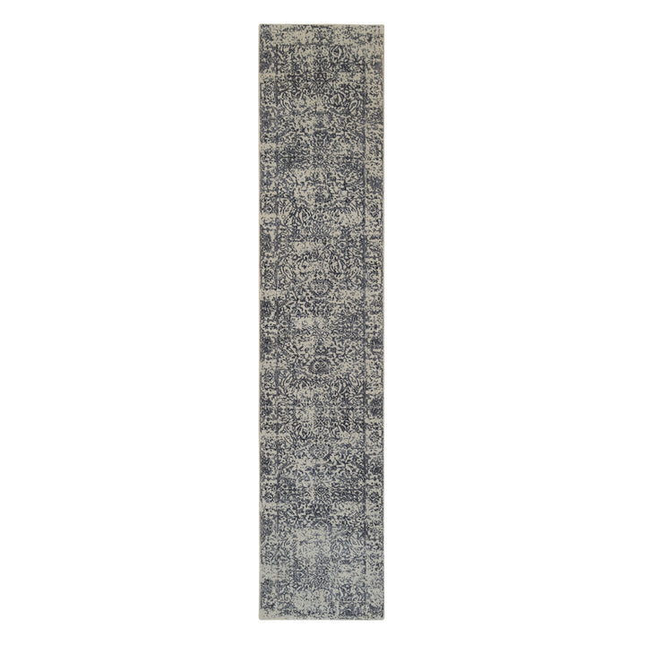 2'7" x 12'2" New Hand Loomed Grey Wool & Silk Runner Oriental Rug - MOA10263515