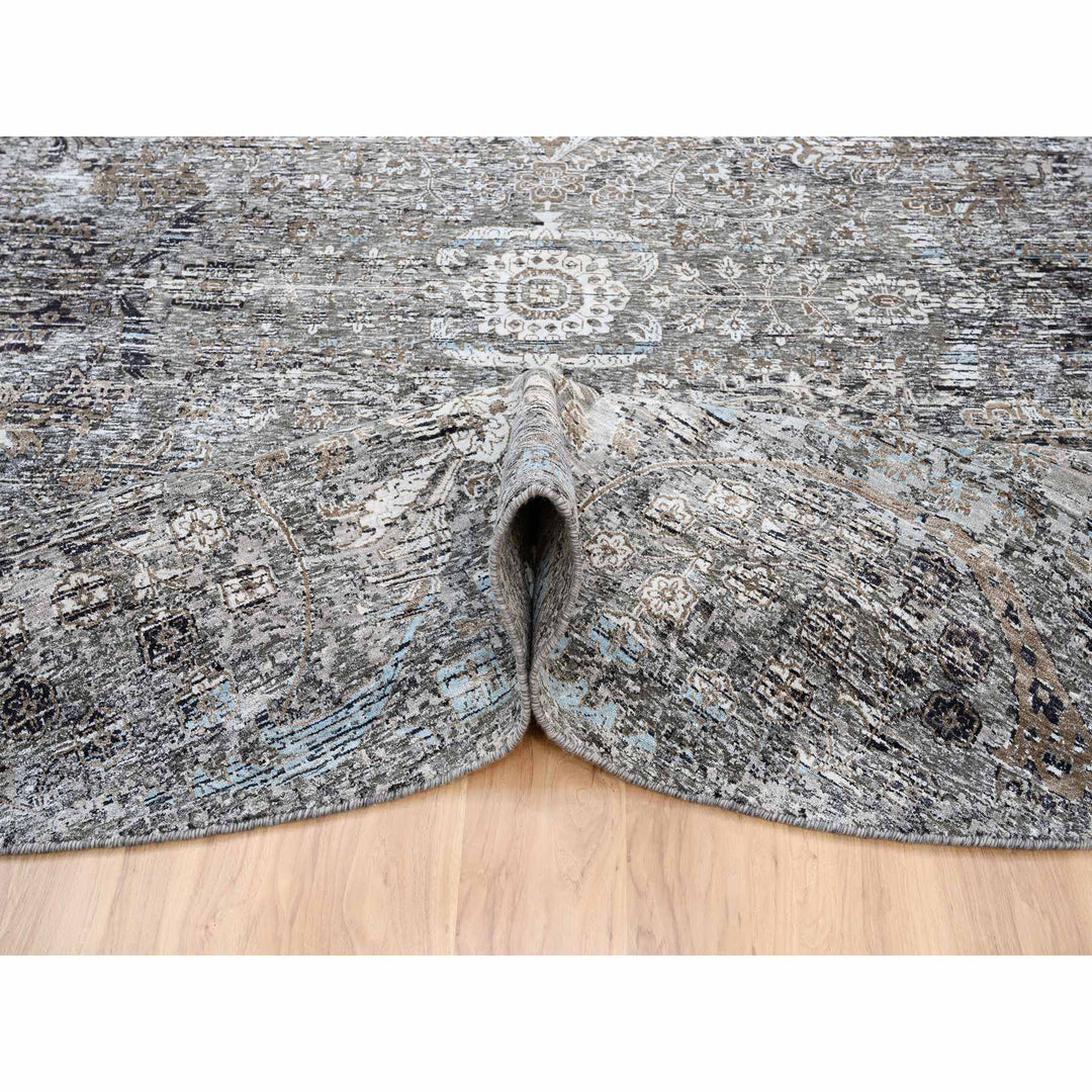 11'10" x 11'10" New Hand Knotted Grey Wool & Silk Round Oriental Rug - MOA10263726