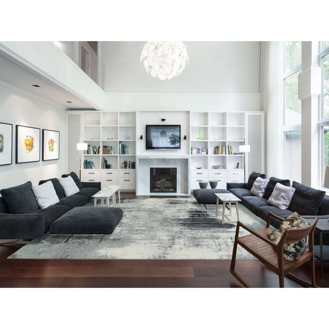 12'1" x 15'0" New Hand Knotted Black Wool & Silk Rectangle Oriental Rug - MOA10263809