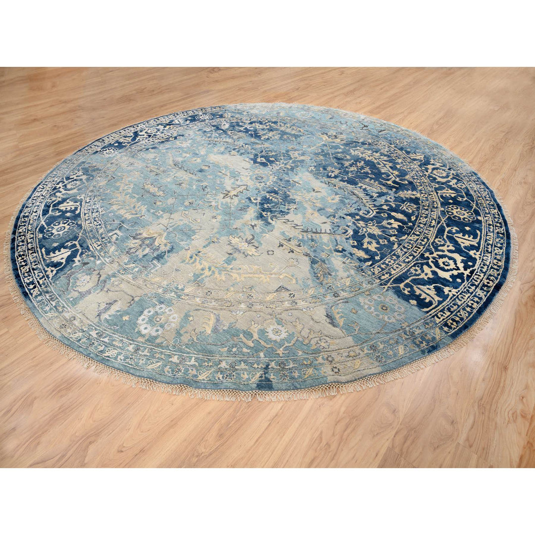 11'10" x 11'10" New Hand Knotted Blue Wool & Silk Round Oriental Rug - MOA10263893