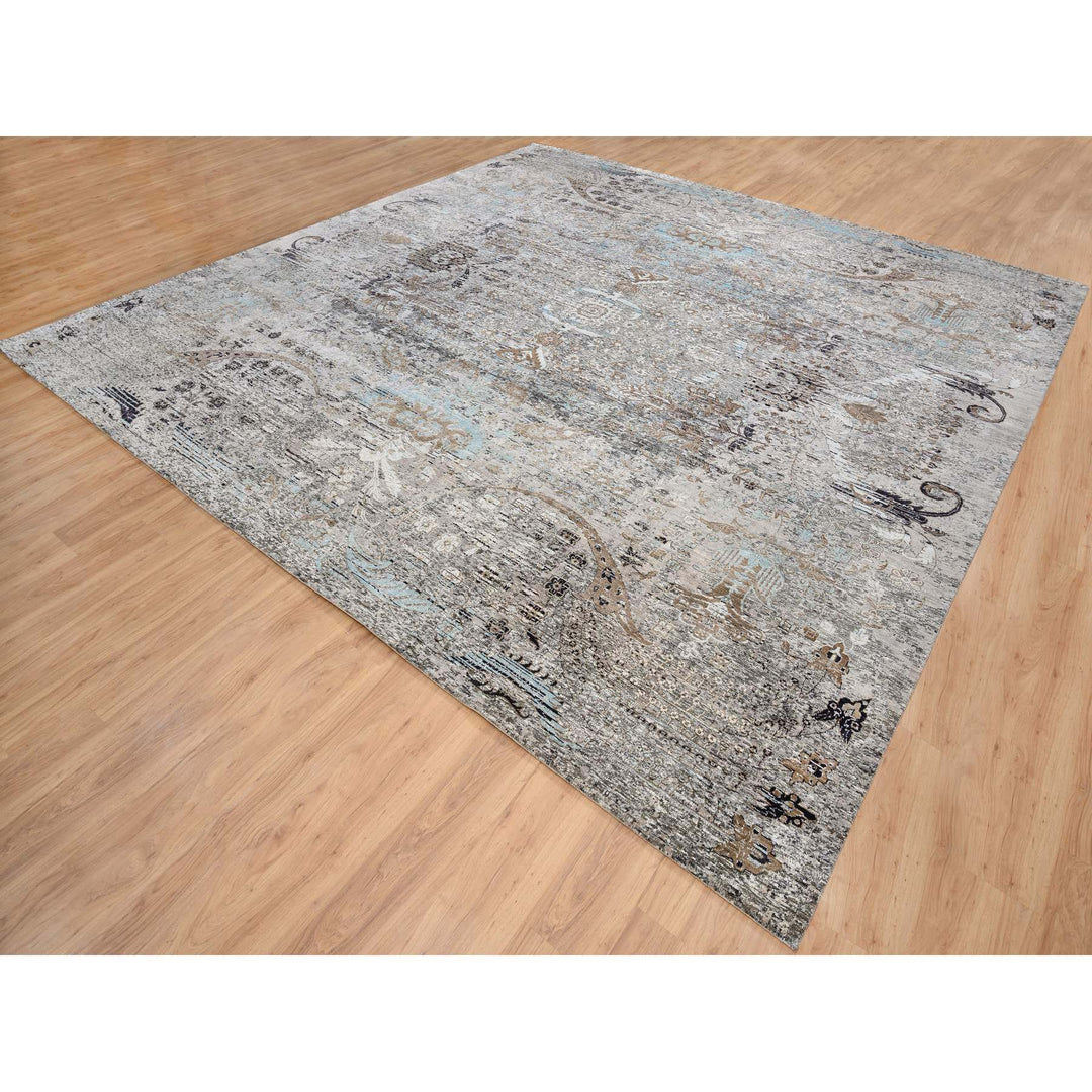 14'0" x 14'1" New Hand Knotted Grey Wool & Silk Square Oriental Rug - MOA10264442