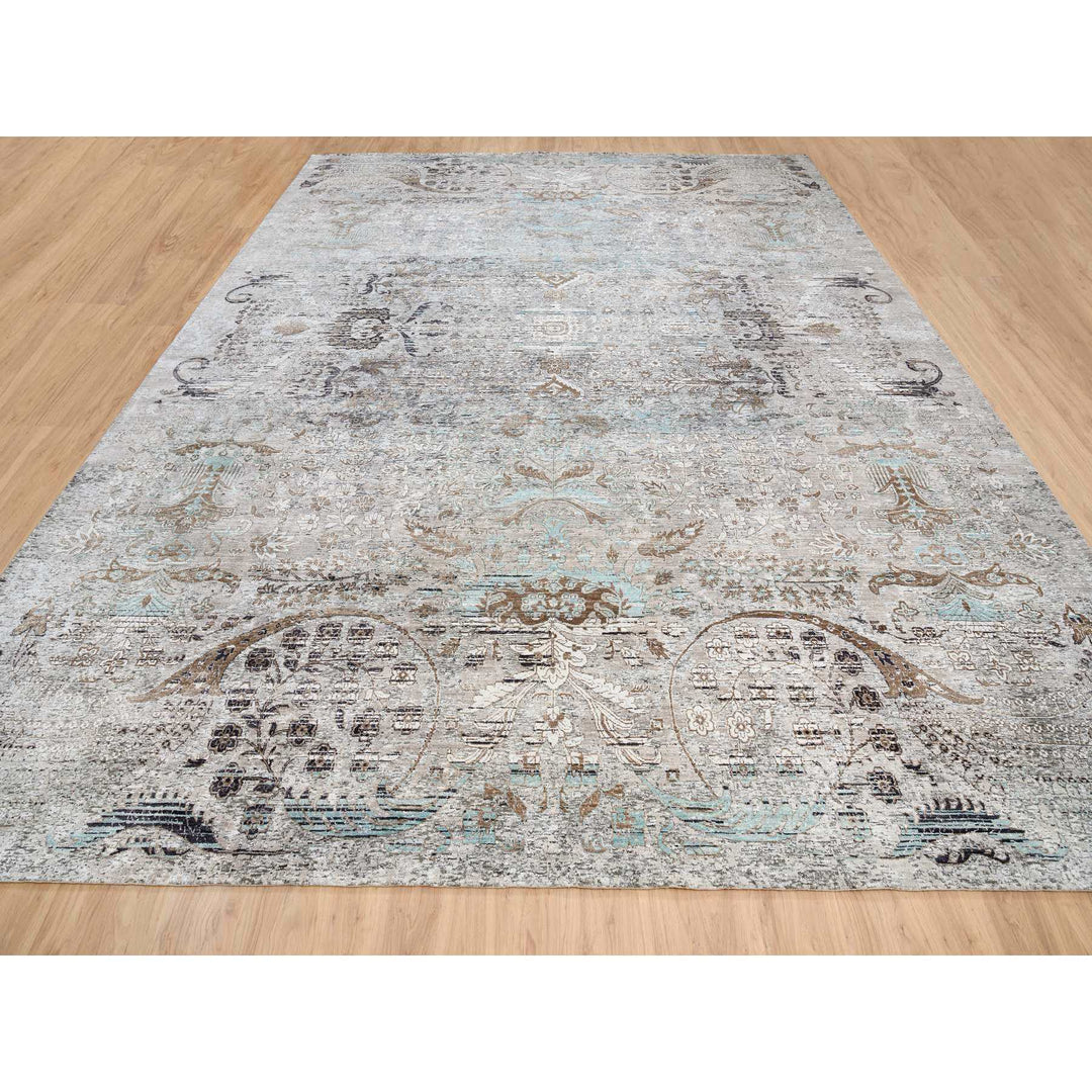 13'9" x 18'1" New Hand Knotted Grey Wool & Silk Rectangle Oriental Rug - MOA10264448