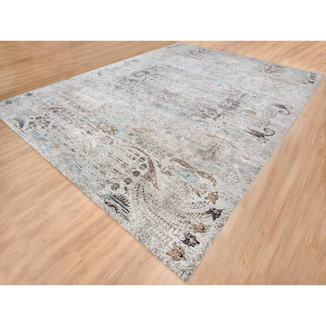 13'9" x 18'1" New Hand Knotted Grey Wool & Silk Rectangle Oriental Rug - MOA10264448