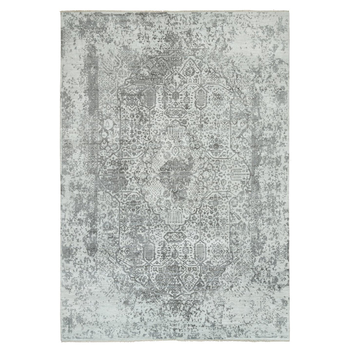 9'11" x 14'0" New Hand Knotted Grey Wool & Silk Rectangle Oriental Rug - MOA10265874