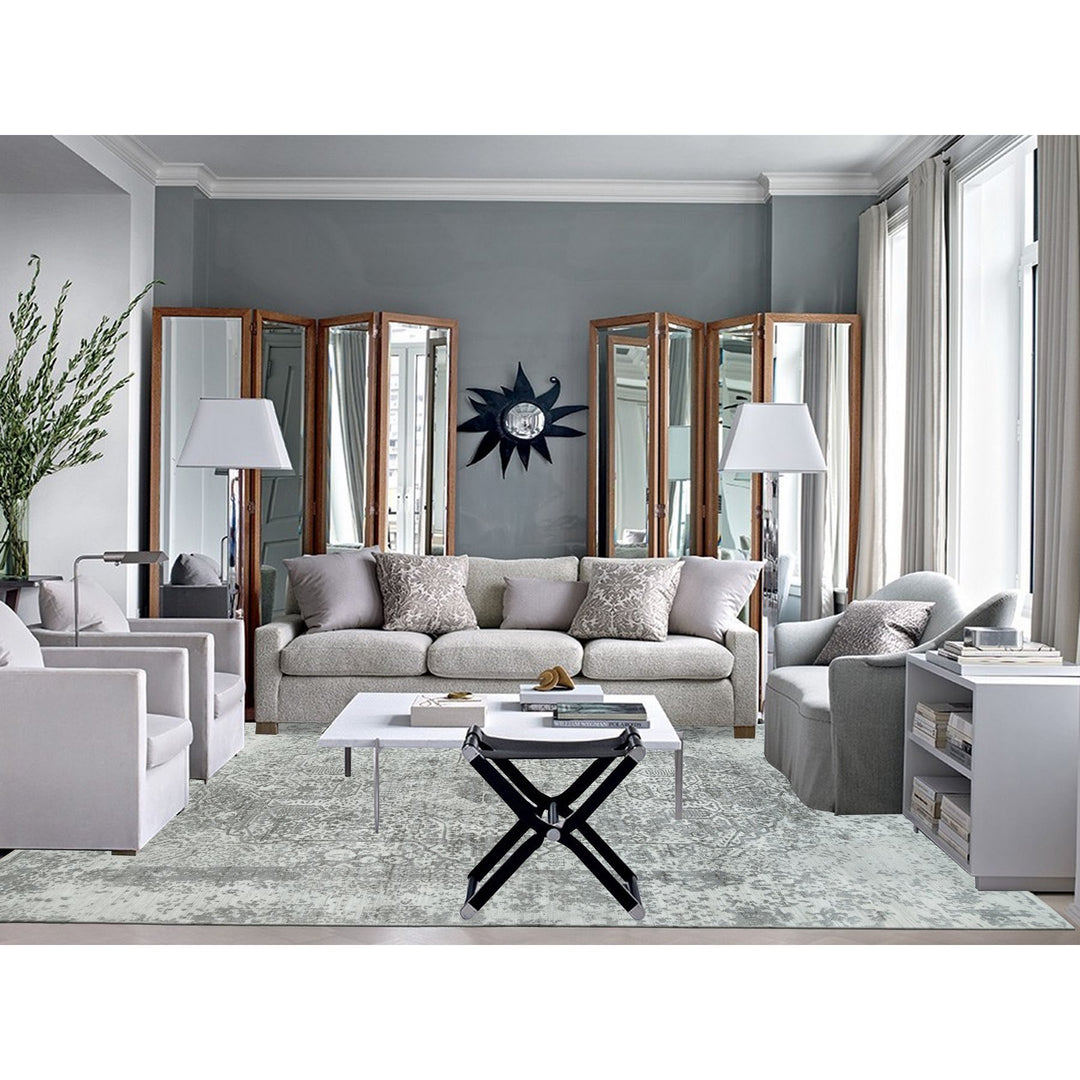 9'11" x 14'0" New Hand Knotted Grey Wool & Silk Rectangle Oriental Rug - MOA10265874