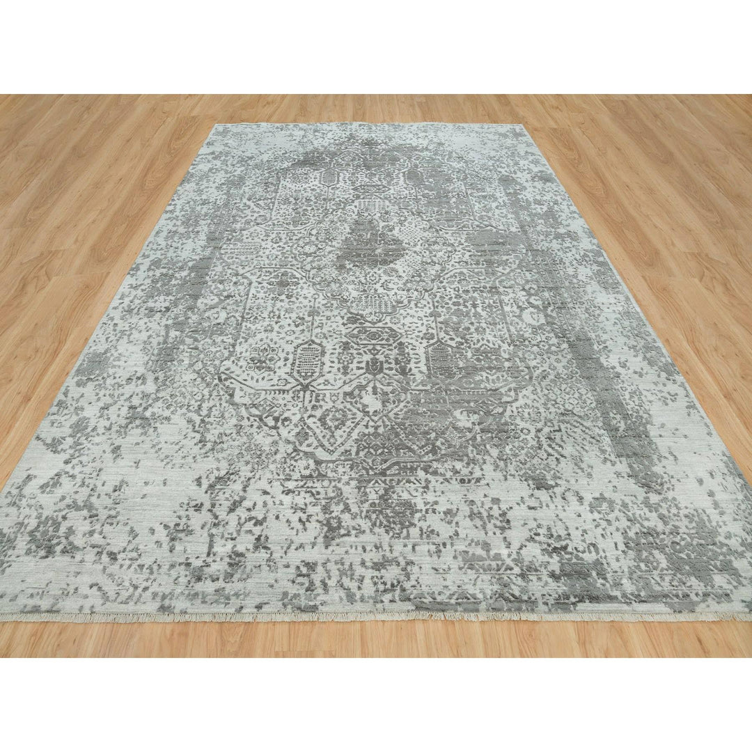 9'11" x 14'0" New Hand Knotted Grey Wool & Silk Rectangle Oriental Rug - MOA10265874