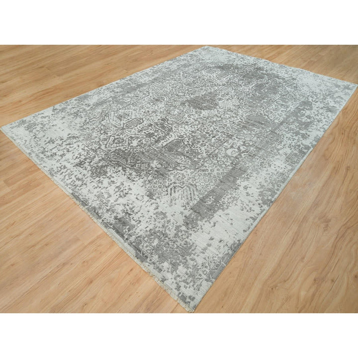 9'11" x 14'0" New Hand Knotted Grey Wool & Silk Rectangle Oriental Rug - MOA10265874