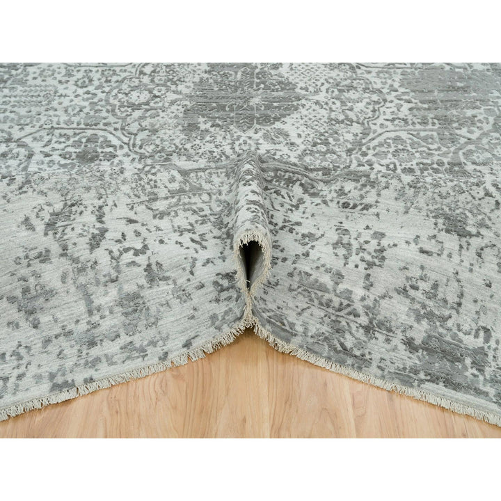 9'11" x 14'0" New Hand Knotted Grey Wool & Silk Rectangle Oriental Rug - MOA10265874
