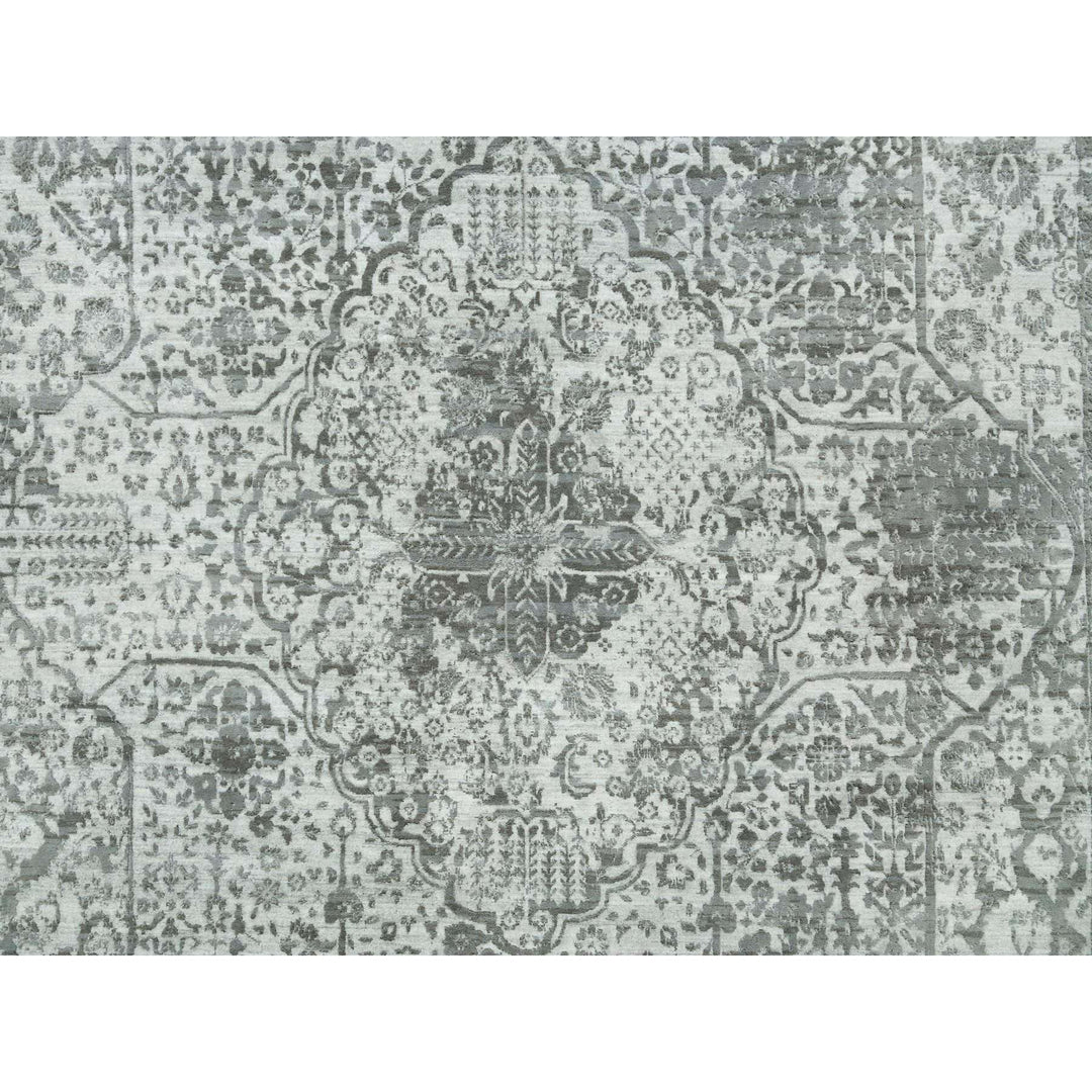 9'11" x 14'0" New Hand Knotted Grey Wool & Silk Rectangle Oriental Rug - MOA10265874