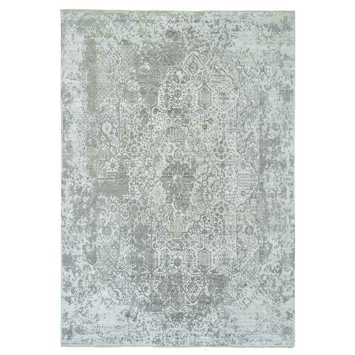12'1" x 17'10" New Hand Knotted Grey Wool & Silk Rectangle Oriental Rug - MOA10265875