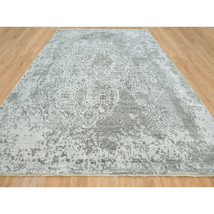 12'1" x 17'10" New Hand Knotted Grey Wool & Silk Rectangle Oriental Rug - MOA10265875