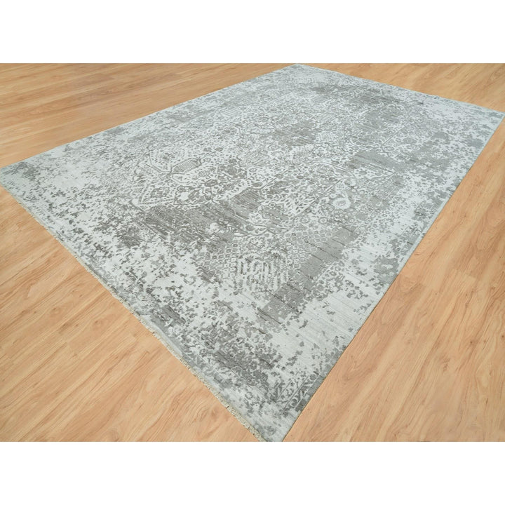12'1" x 17'10" New Hand Knotted Grey Wool & Silk Rectangle Oriental Rug - MOA10265875