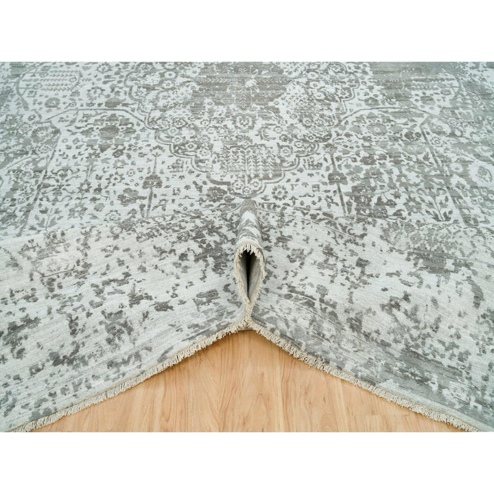 12'1" x 17'10" New Hand Knotted Grey Wool & Silk Rectangle Oriental Rug - MOA10265875