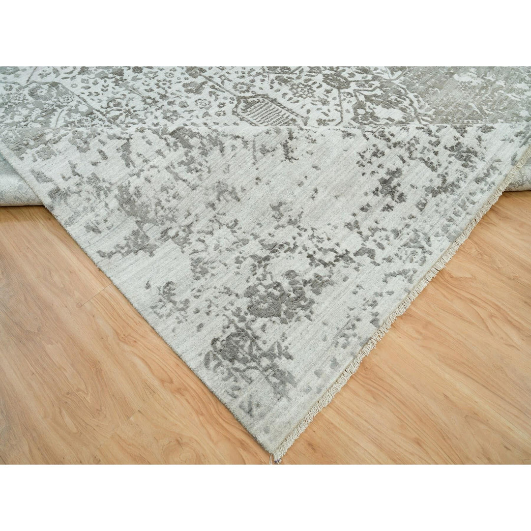 12'1" x 17'10" New Hand Knotted Grey Wool & Silk Rectangle Oriental Rug - MOA10265875