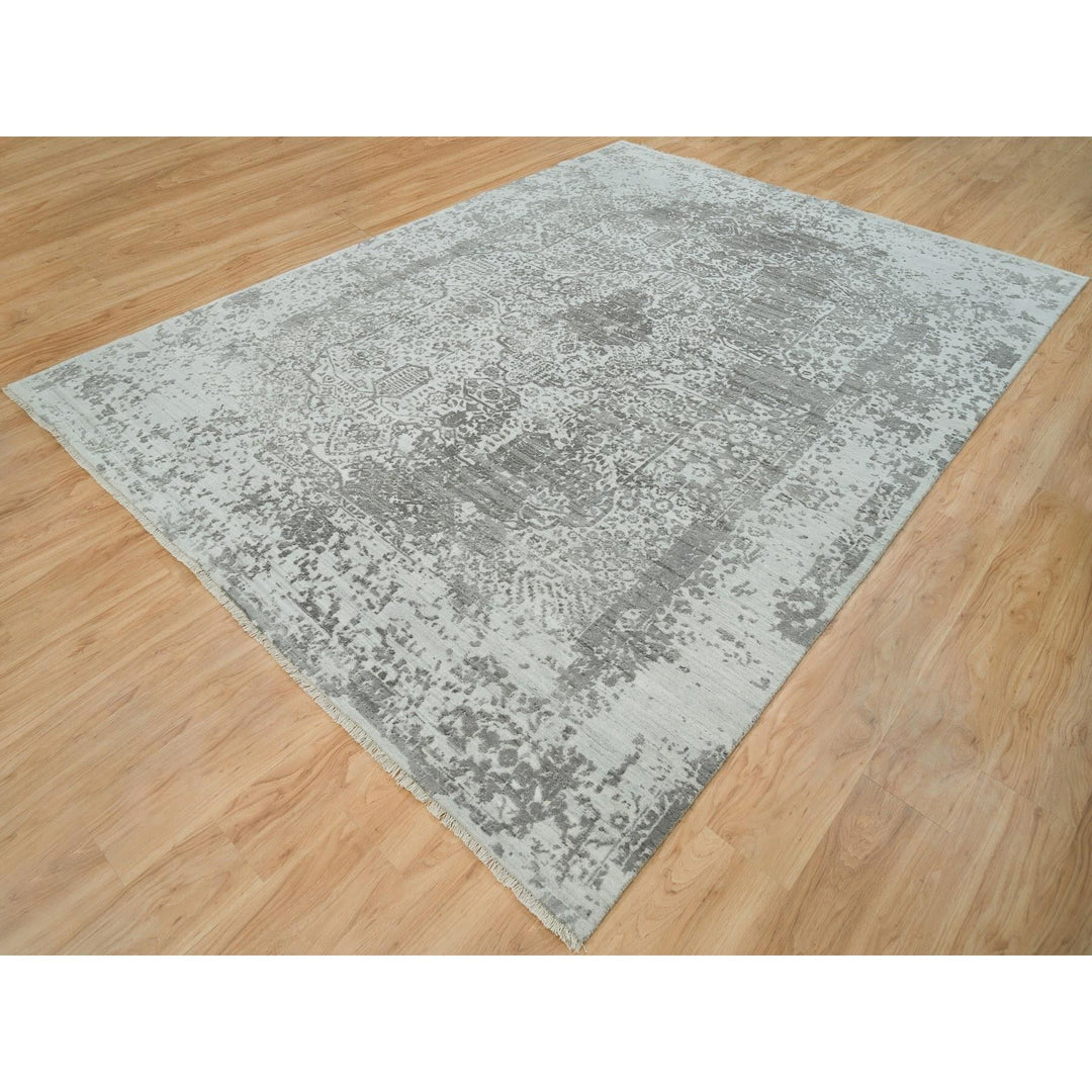8'11" x 12'1" New Hand Knotted Grey Wool & Silk Rectangle Oriental Rug - MOA10265877