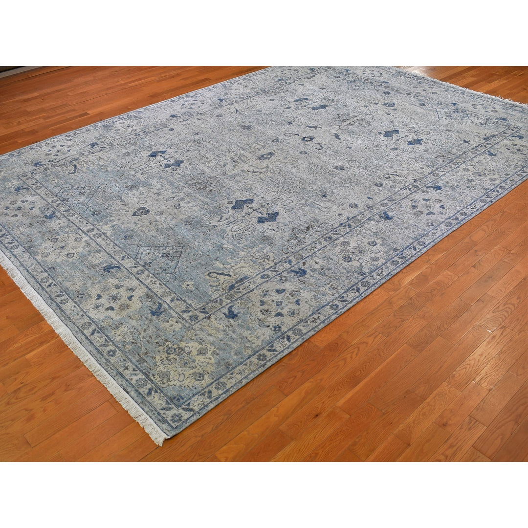 9'10" x 14'2" New Hand Knotted Ivory Wool & Silk Rectangle Oriental Rug - MOA10266446