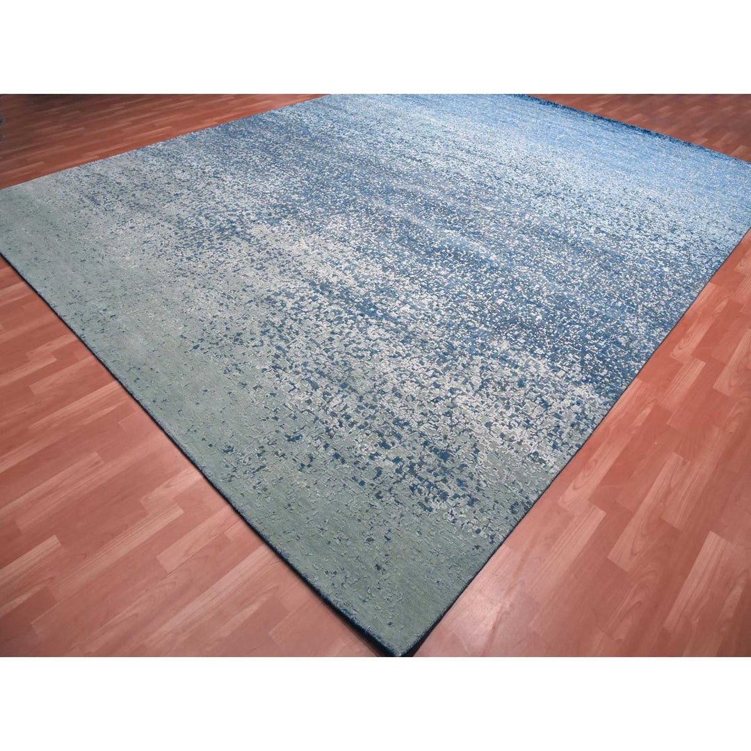 12'0" x 15'0" New Hand Knotted Blue Wool & Pure Silk Rectangle Oriental Rug - MOA10275101