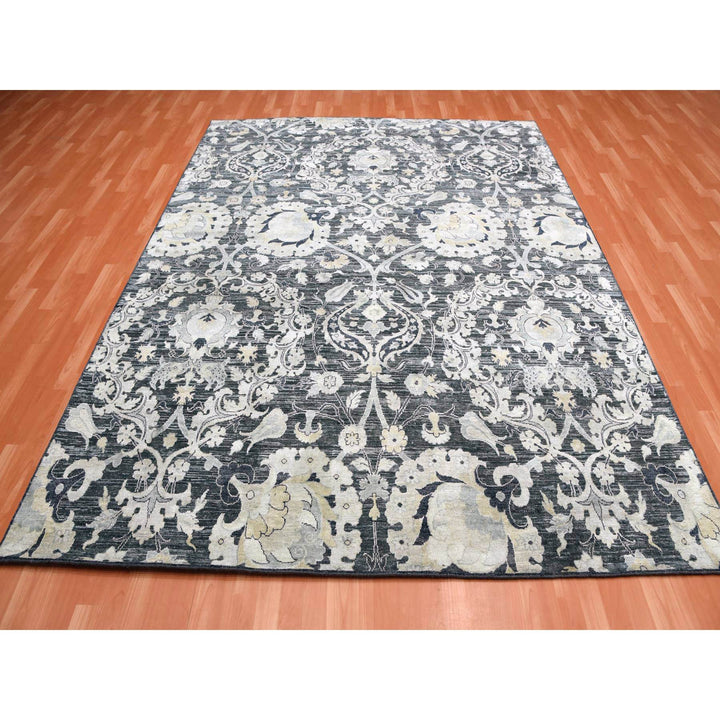 8'2" x 10'0" New Hand Knotted Blue Wool & Sari Silk Rectangle Oriental Rug - MOA10275121