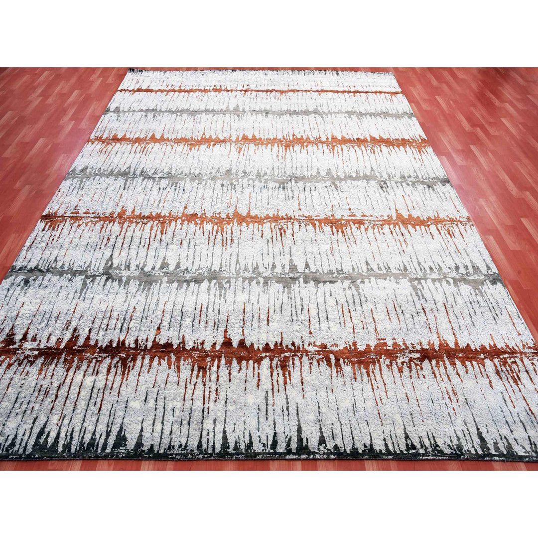 10'2" x 13'11" New Hand Knotted Grey Wool & Silk Rectangle Oriental Rug - MOA10275299