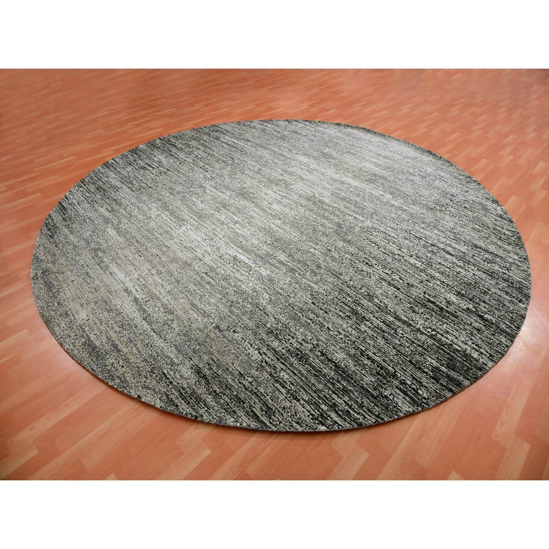 11'11" x 12'0" New Hand Knotted Black Wool & Silk Round Oriental Rug - MOA10275337