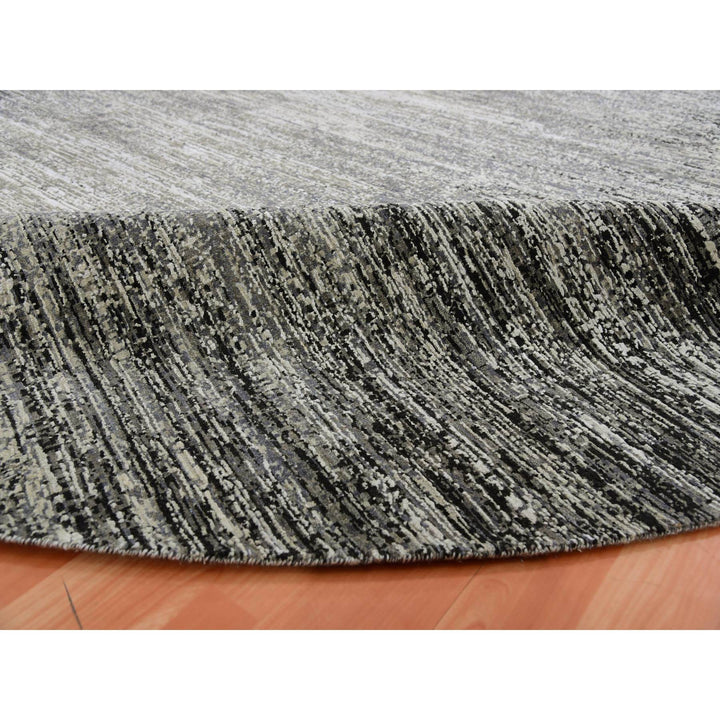 11'11" x 12'0" New Hand Knotted Black Wool & Silk Round Oriental Rug - MOA10275337