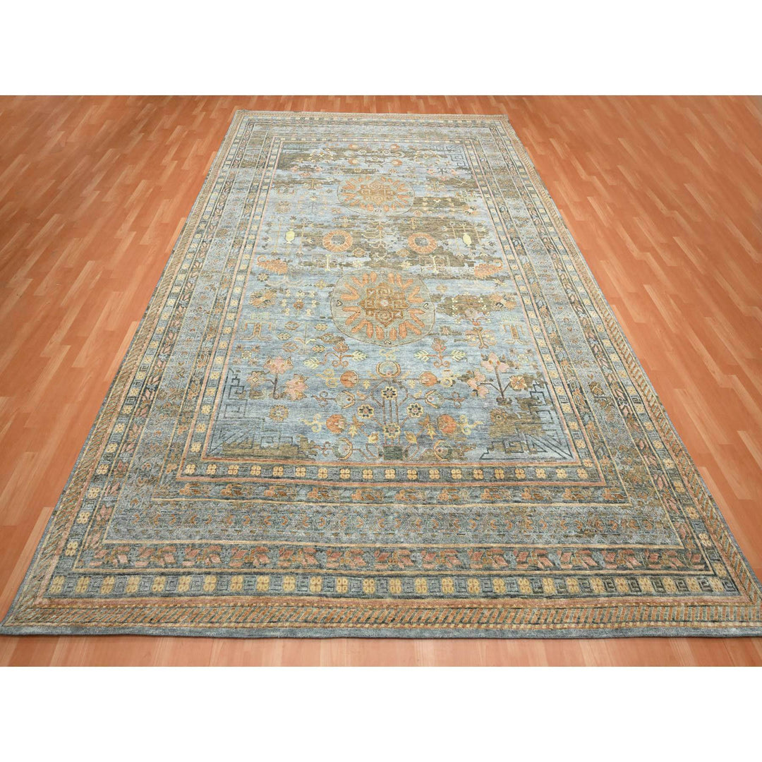 9'11" x 14'2" New Hand Knotted Blue Wool & Silk Rectangle Oriental Rug - MOA10275565