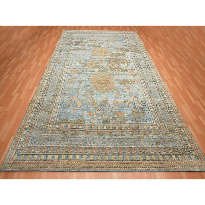 9'11" x 14'2" New Hand Knotted Blue Wool & Silk Rectangle Oriental Rug - MOA10275565