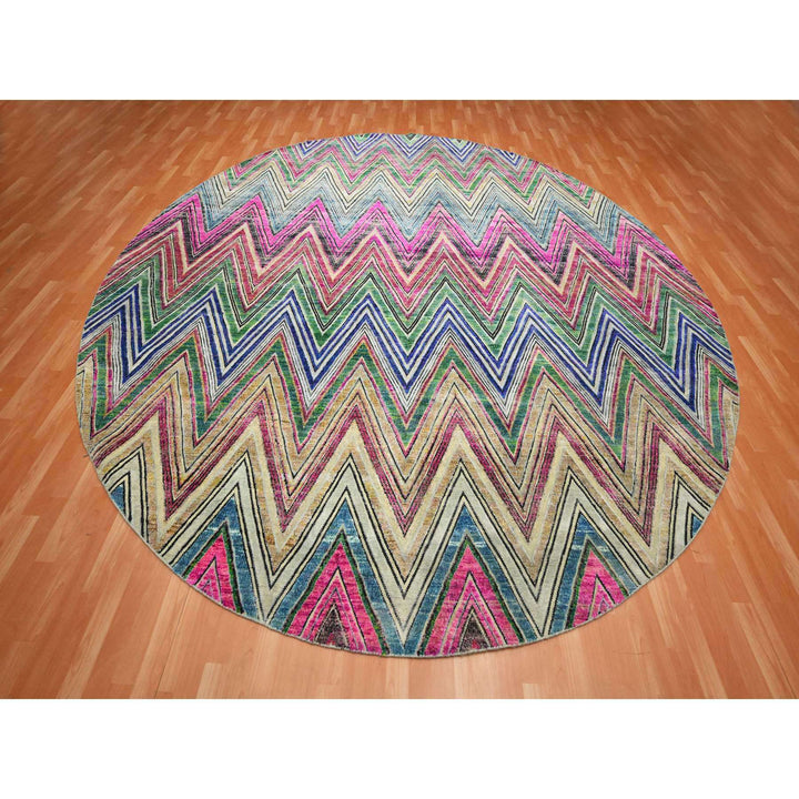 11'8" x 11'9" New Hand Knotted Pink Wool & Silk Round Oriental Rug - MOA10275567